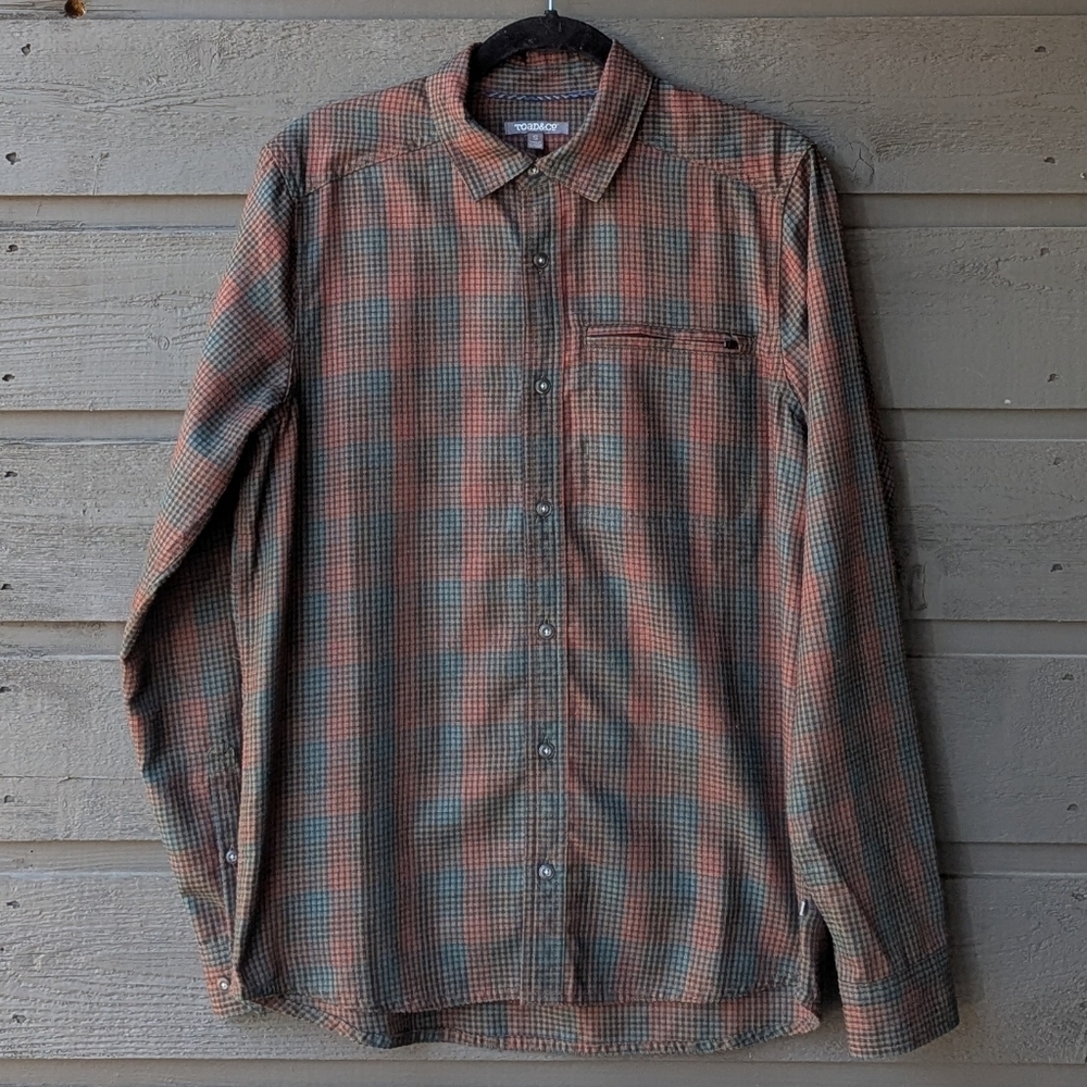 Toad & Co Wainwright Long Sleeve Shirt Size Small Olive Green Red Blue Plaid